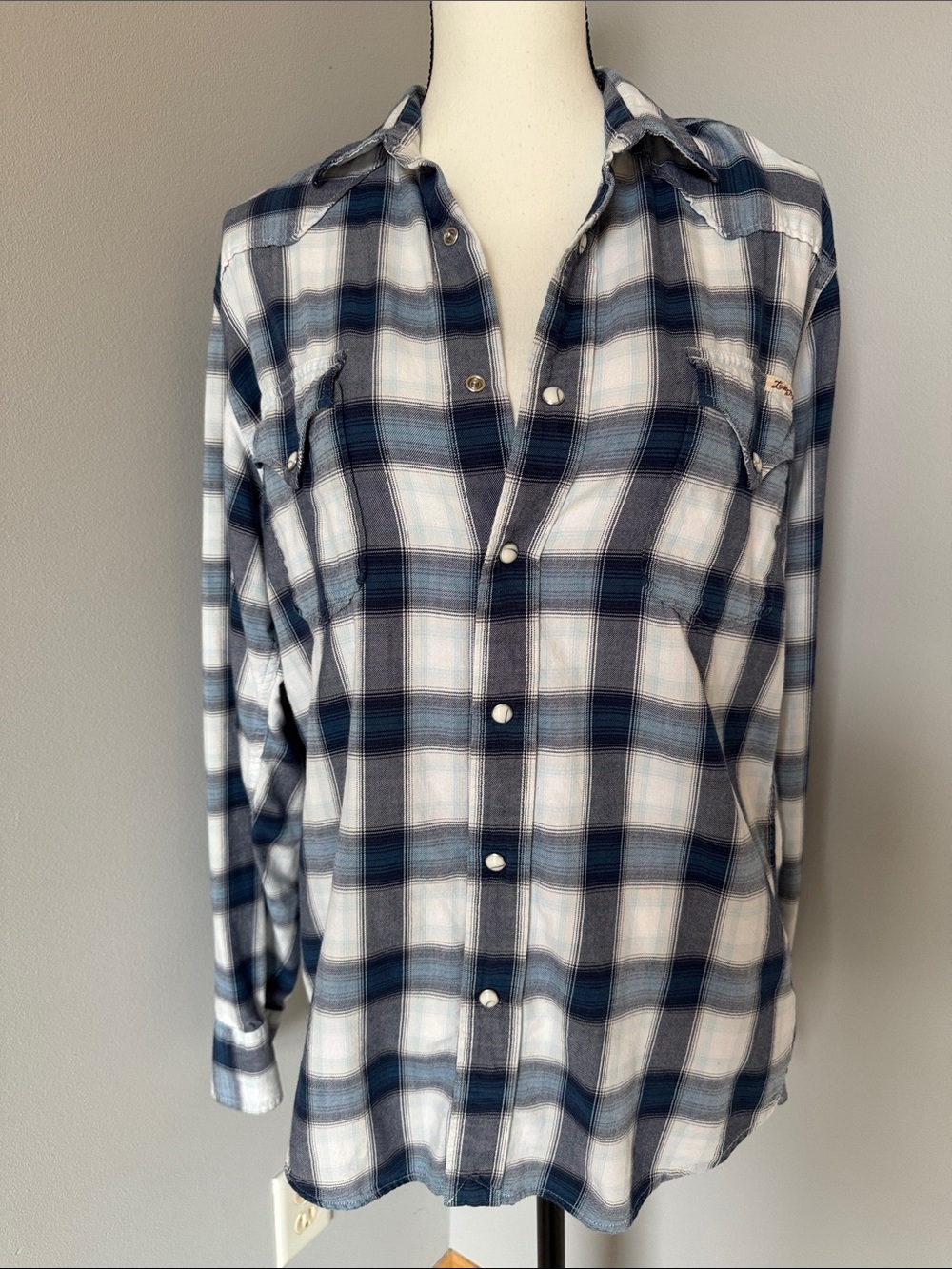 Lucky Brand Navy and White Plaid Button-Up Shirt